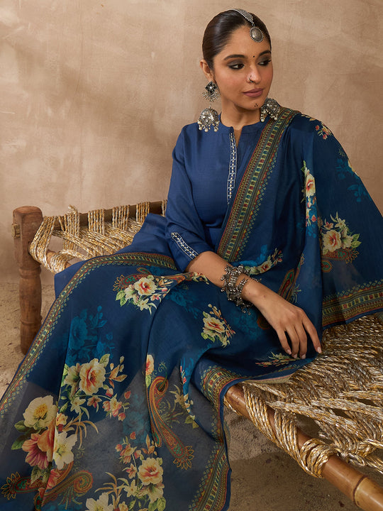 Women Blue Embroidered Cotton Blend Straight Kurta Sets With Dupatta