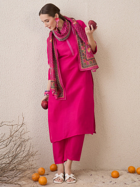 Indo era Pink Embroidered Straight Kurta Trousers With Dupatta Set