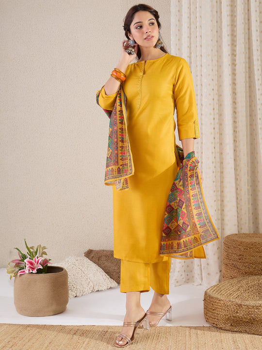 Yellow Embroidered Cotton Blend Straight Suit Sets With Dupatta