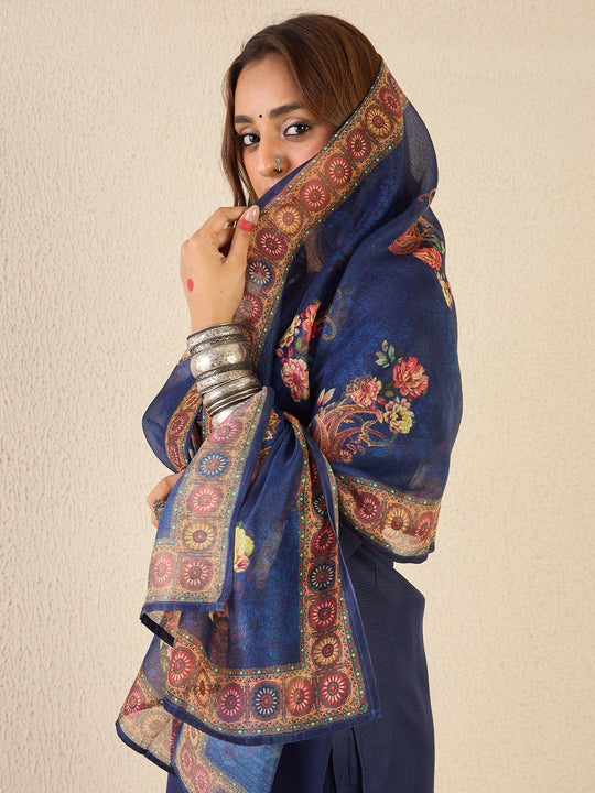 Blue Embroidered Cotton Blend Straight Kurta Set With Dupatta