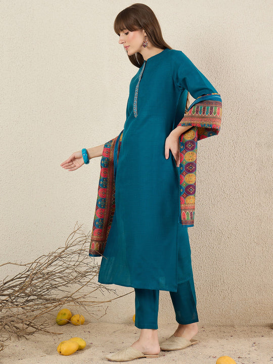 Blue Embroidered Cotton Blend Straight Kurta Sets With Dupatta