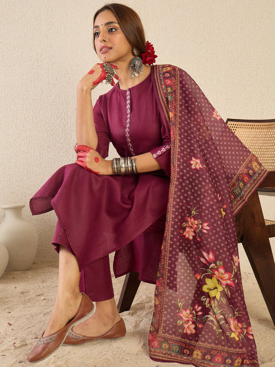 Burgundy Embroidered Cotton Blend Straight Kurta Set With Dupatta
