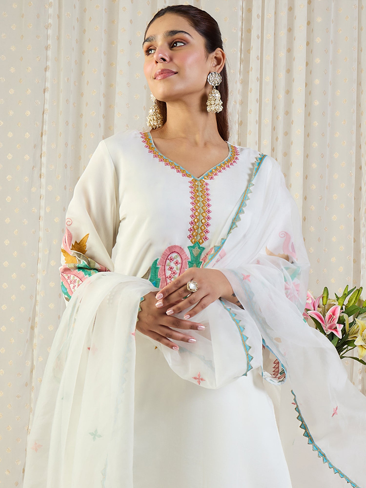 Indo Era Off White Embroidered Straight Kurta Salwar With Dupatta Set