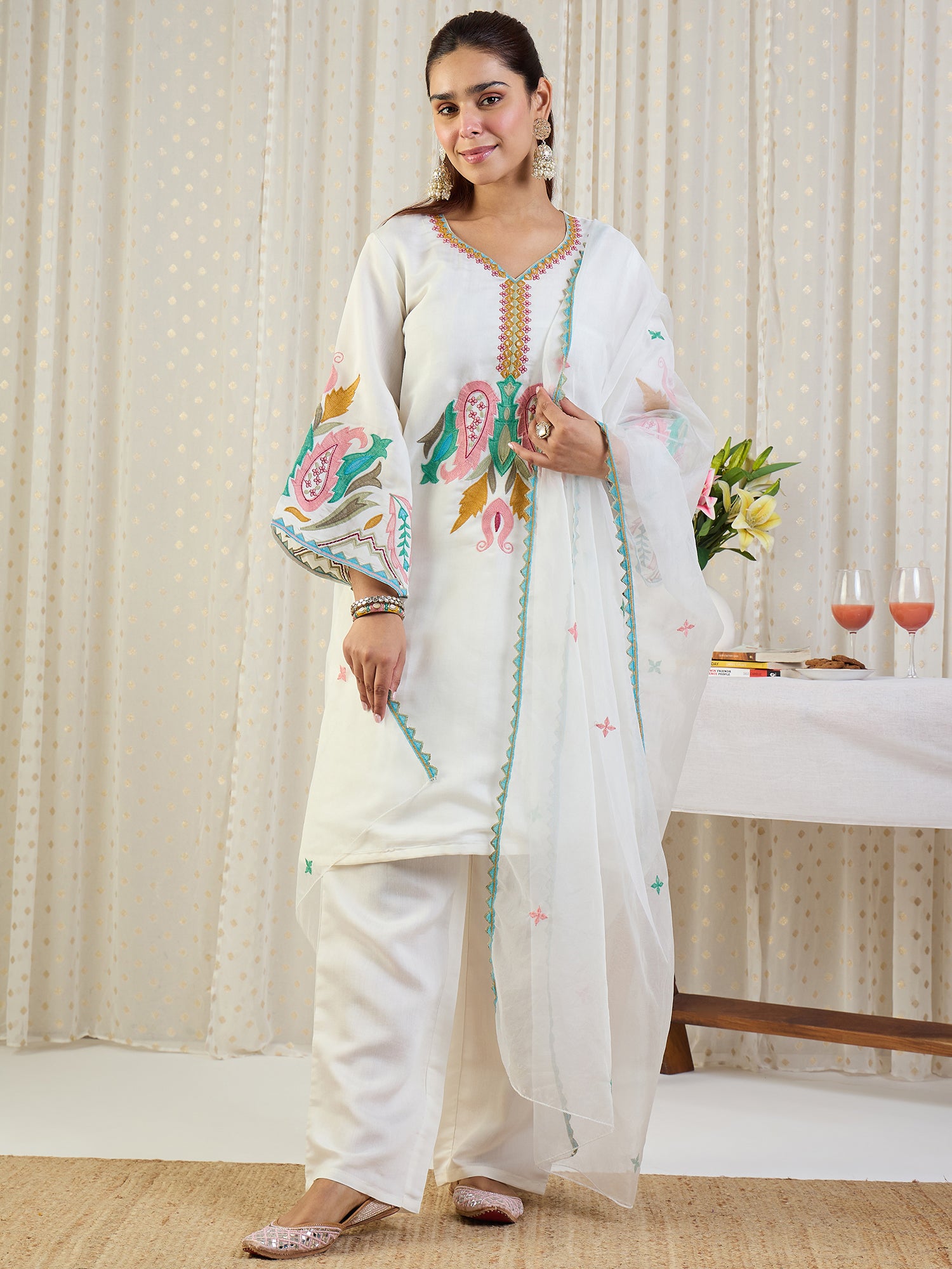 Indo Era Off White Embroidered Straight Kurta Salwar With Dupatta Set
