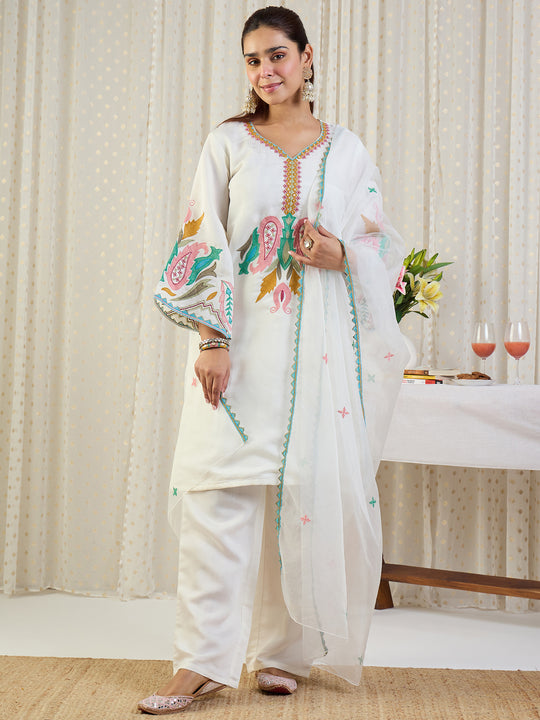 Indo Era Off White Embroidered Straight Kurta Salwar With Dupatta Set
