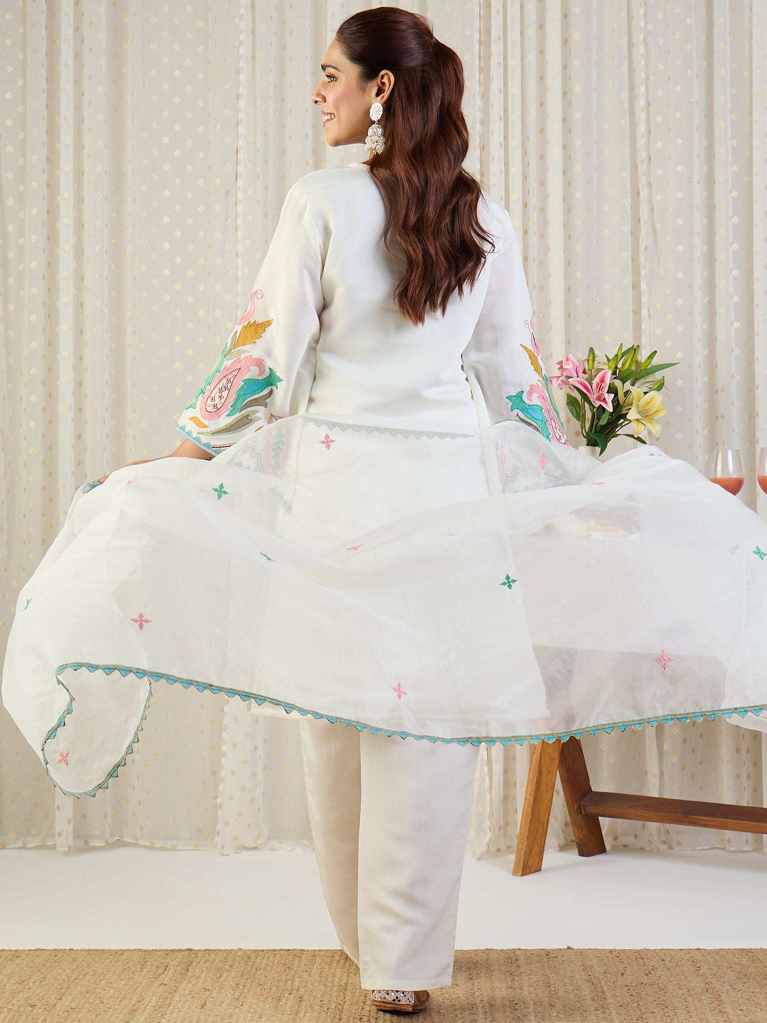 Indo Era Off White Embroidered Straight Kurta Salwar With Dupatta Set