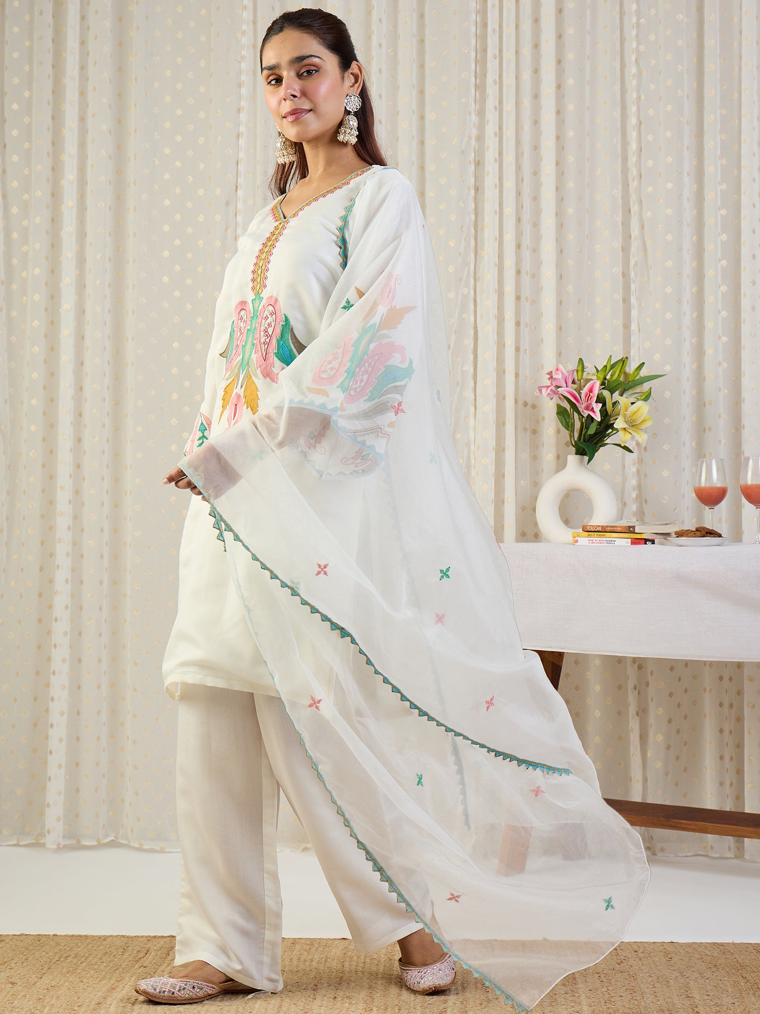 Indo Era Off White Embroidered Straight Kurta Salwar With Dupatta Set