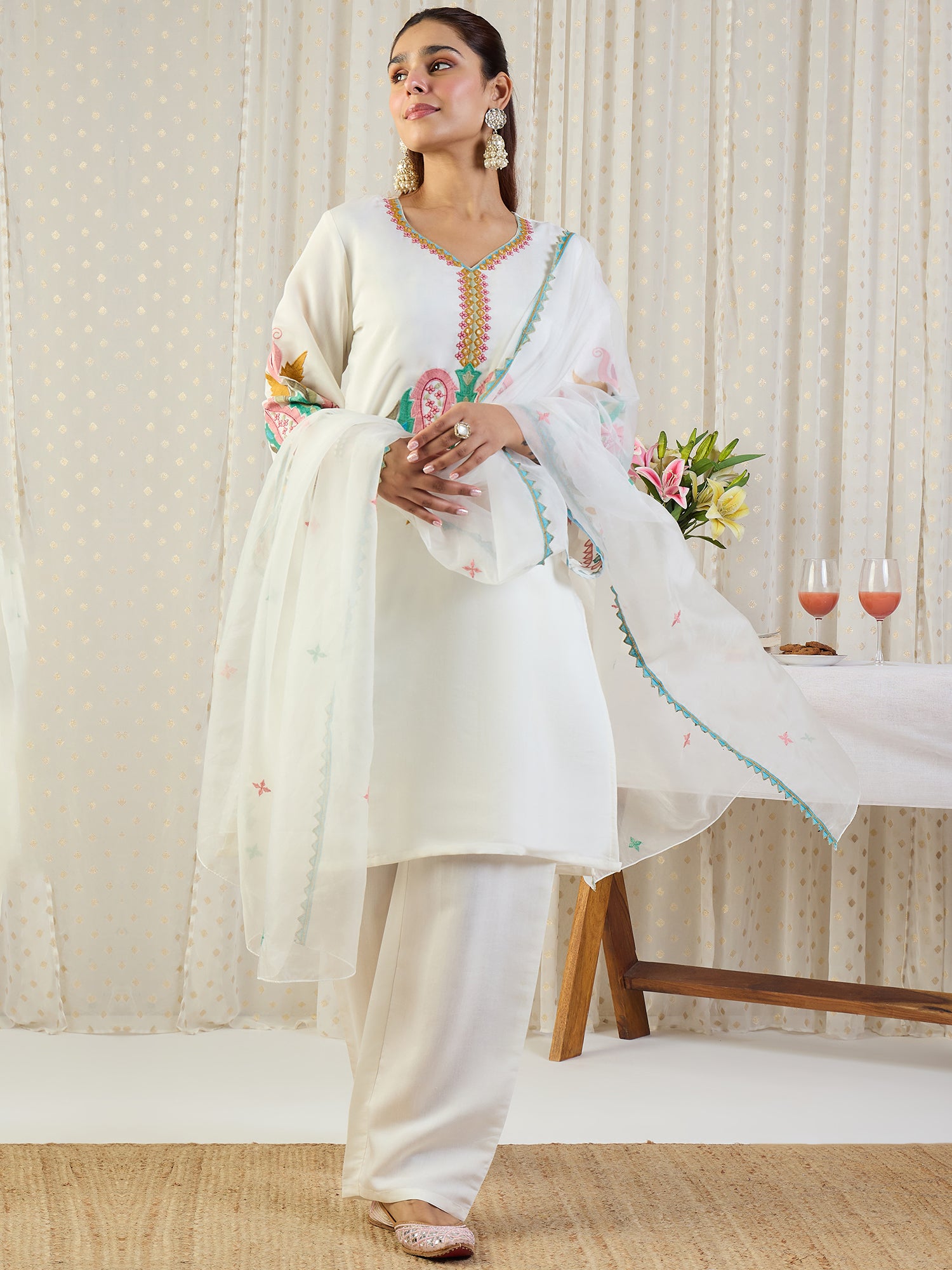 Indo Era Off White Embroidered Straight Kurta Salwar With Dupatta Set