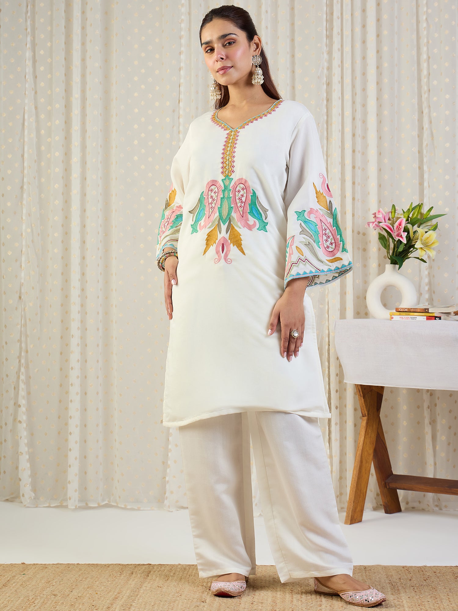Indo Era Off White Embroidered Straight Kurta Salwar With Dupatta Set