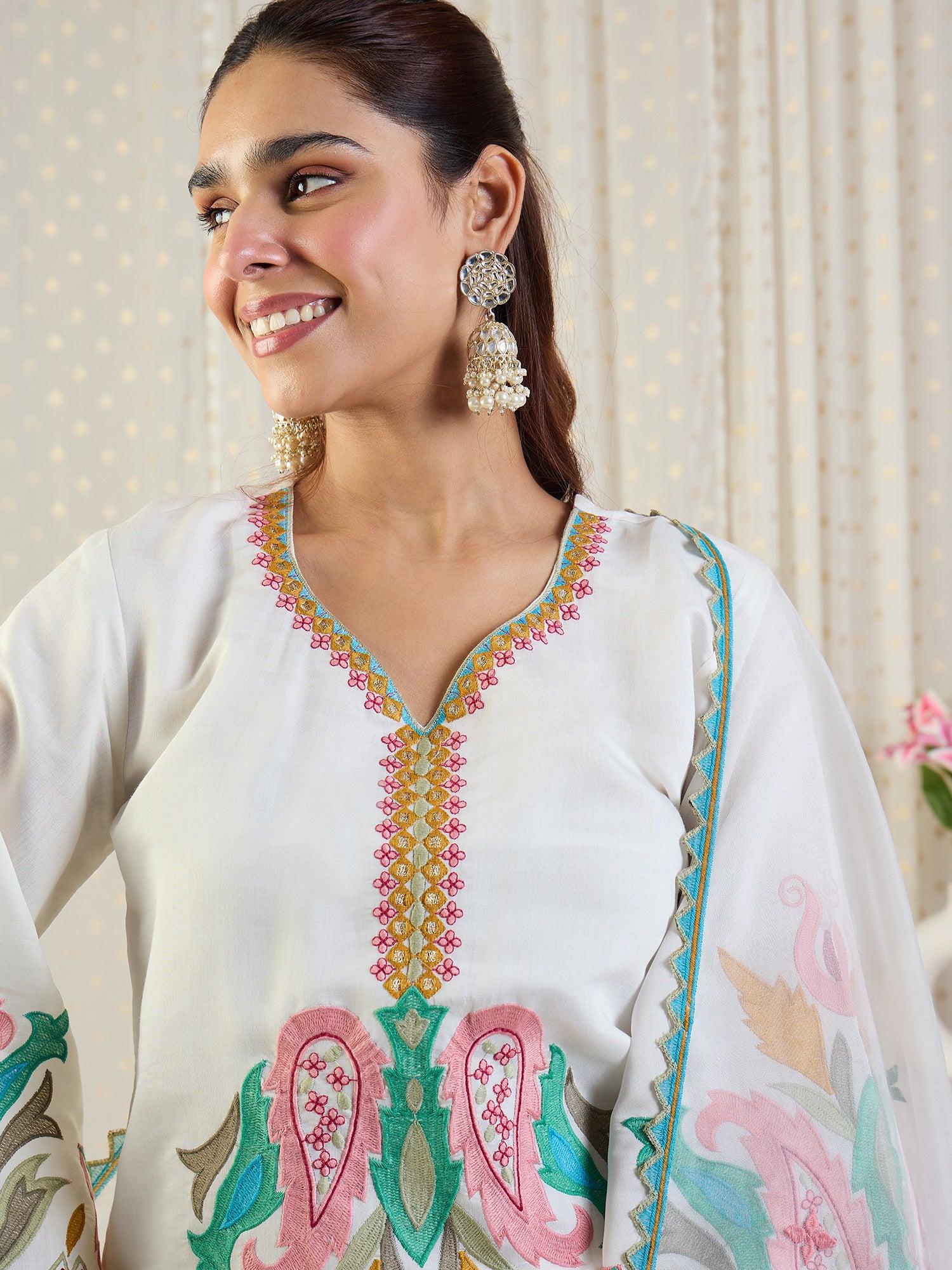 Indo Era Off White Embroidered Straight Kurta Salwar With Dupatta Set