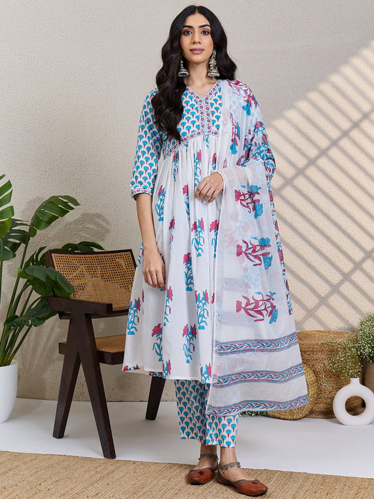 White Printed Pure Cotton A-Line Suit Sets With Dupatta