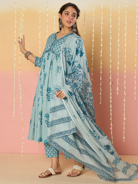 Women Blue Printed Pure Cotton A-Line Kurta Sets With Dupatta