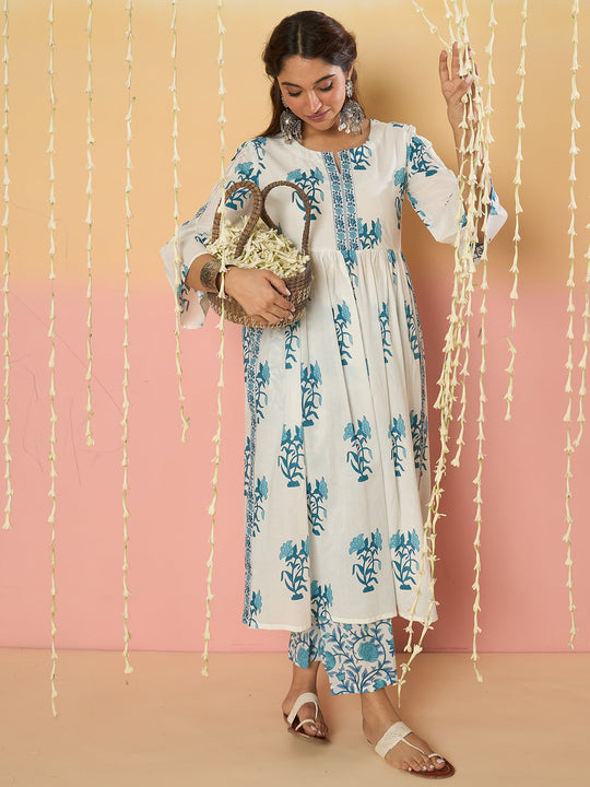 Women White Printed Pure Cotton A-Line Kurta Sets