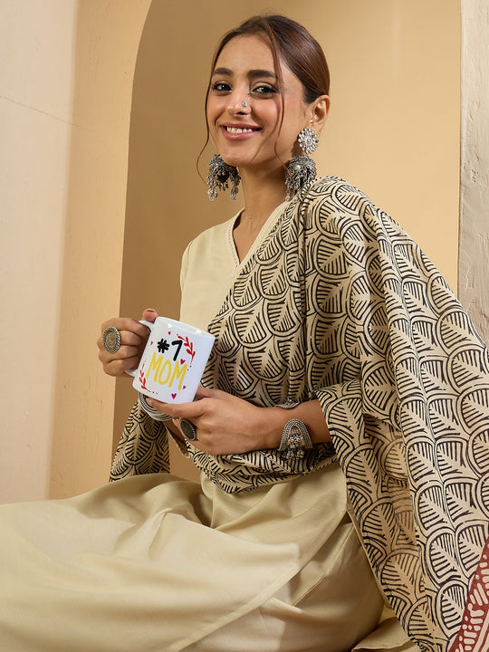 Beige Solid Cotton Blend Straight Kurta Set With Dupatta