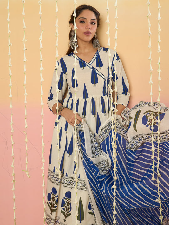 Women White Printed Pure Cotton A-Line Kurta Sets With Dupatta