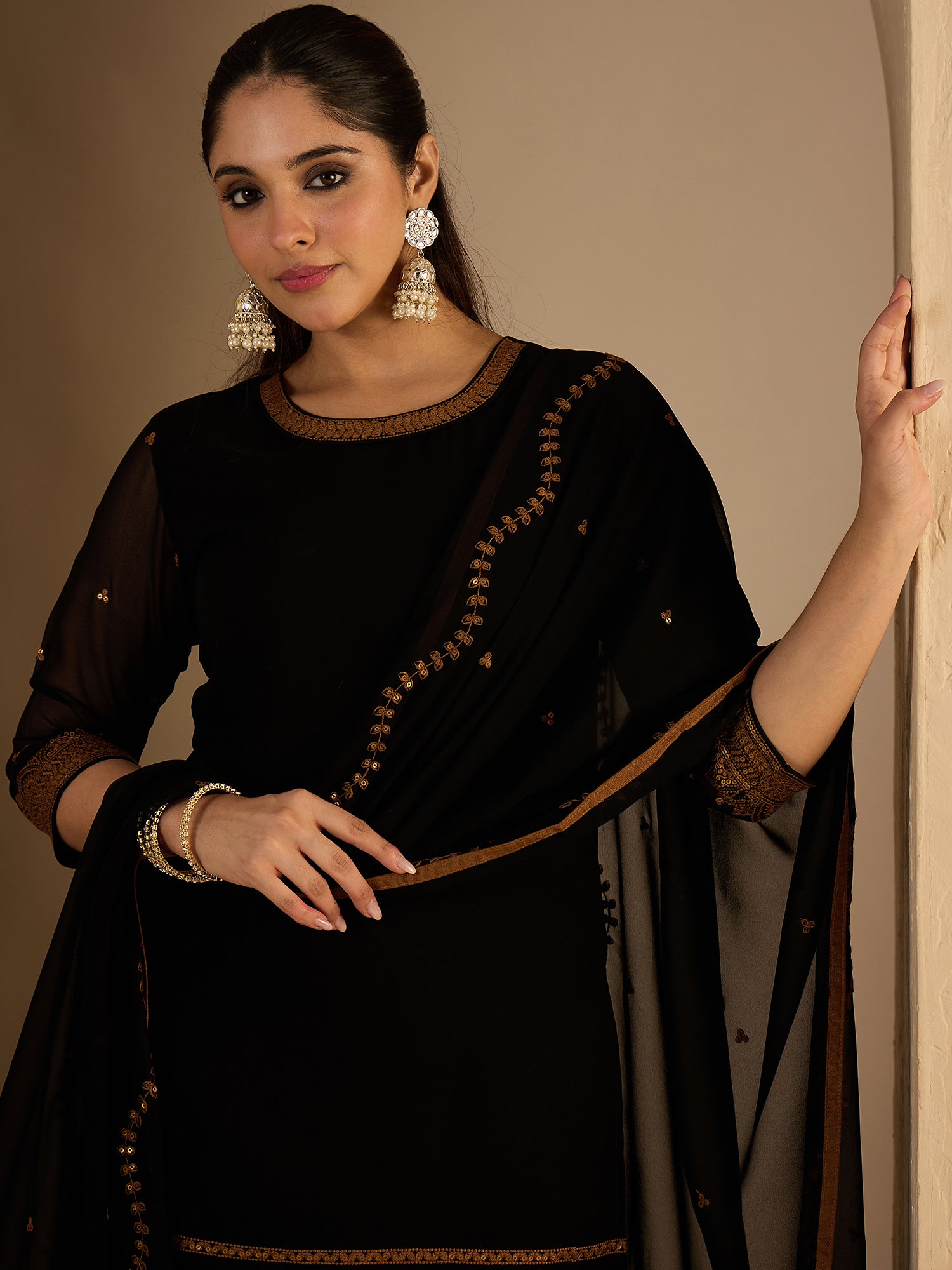 Black Embroidered Georgette Straight Round Neck Palazzo with Dupatta