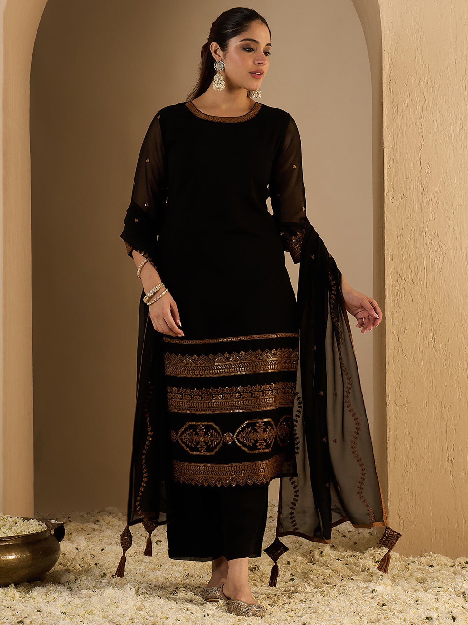 Black Embroidered Georgette Straight Round Neck Palazzo with Dupatta