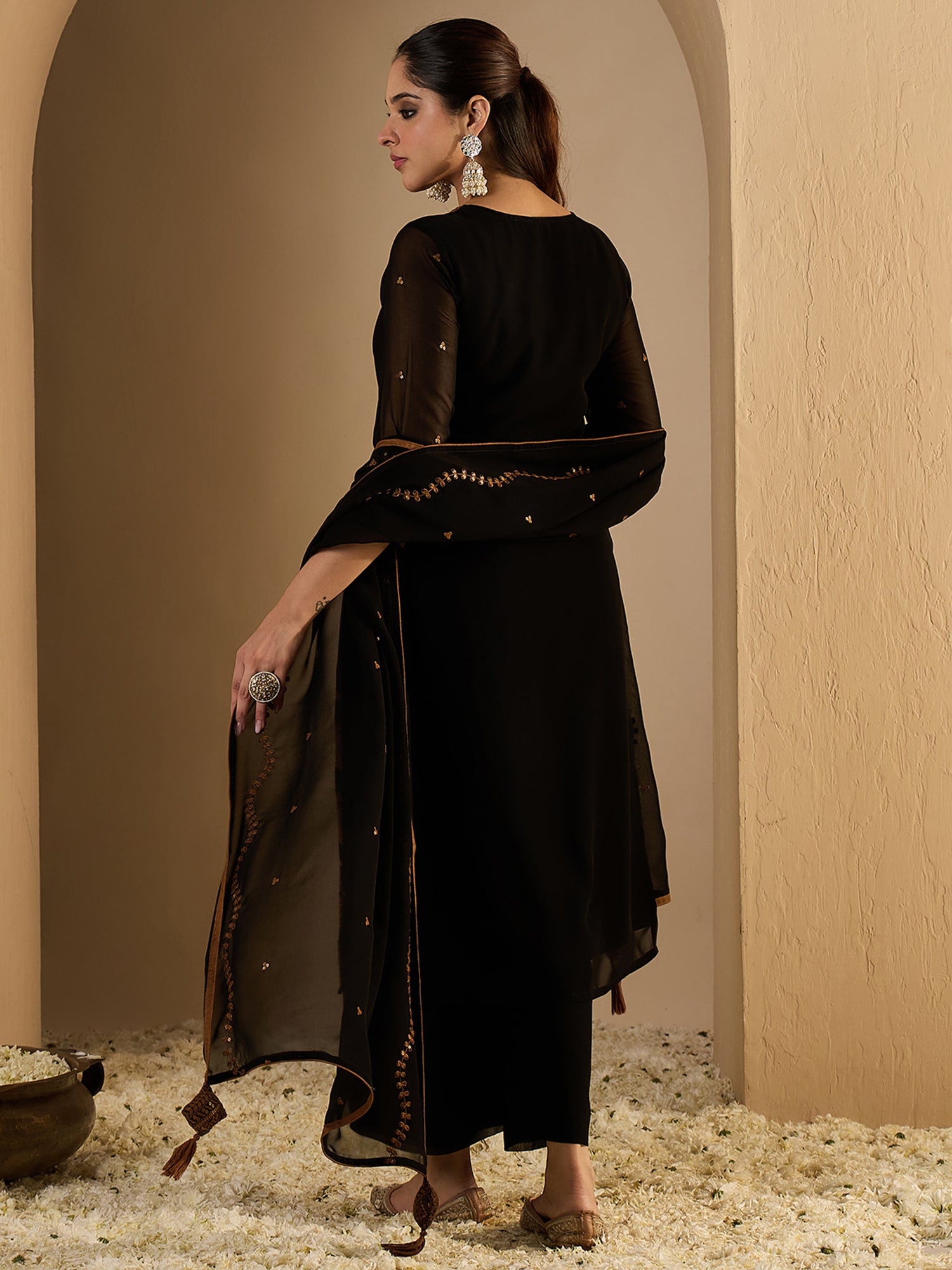 Black Embroidered Georgette Straight Round Neck Palazzo with Dupatta