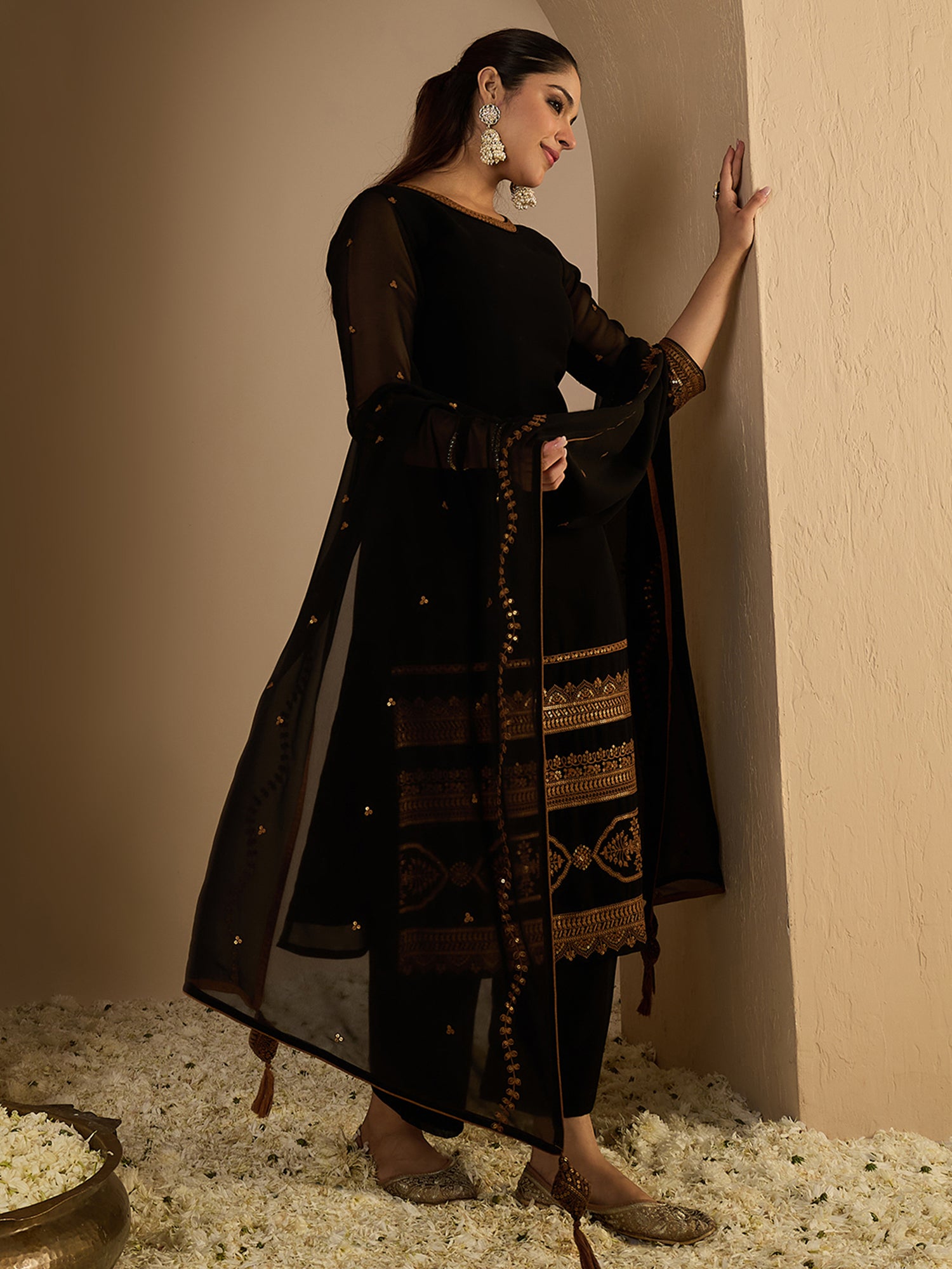 Black Embroidered Georgette Straight Round Neck Palazzo with Dupatta