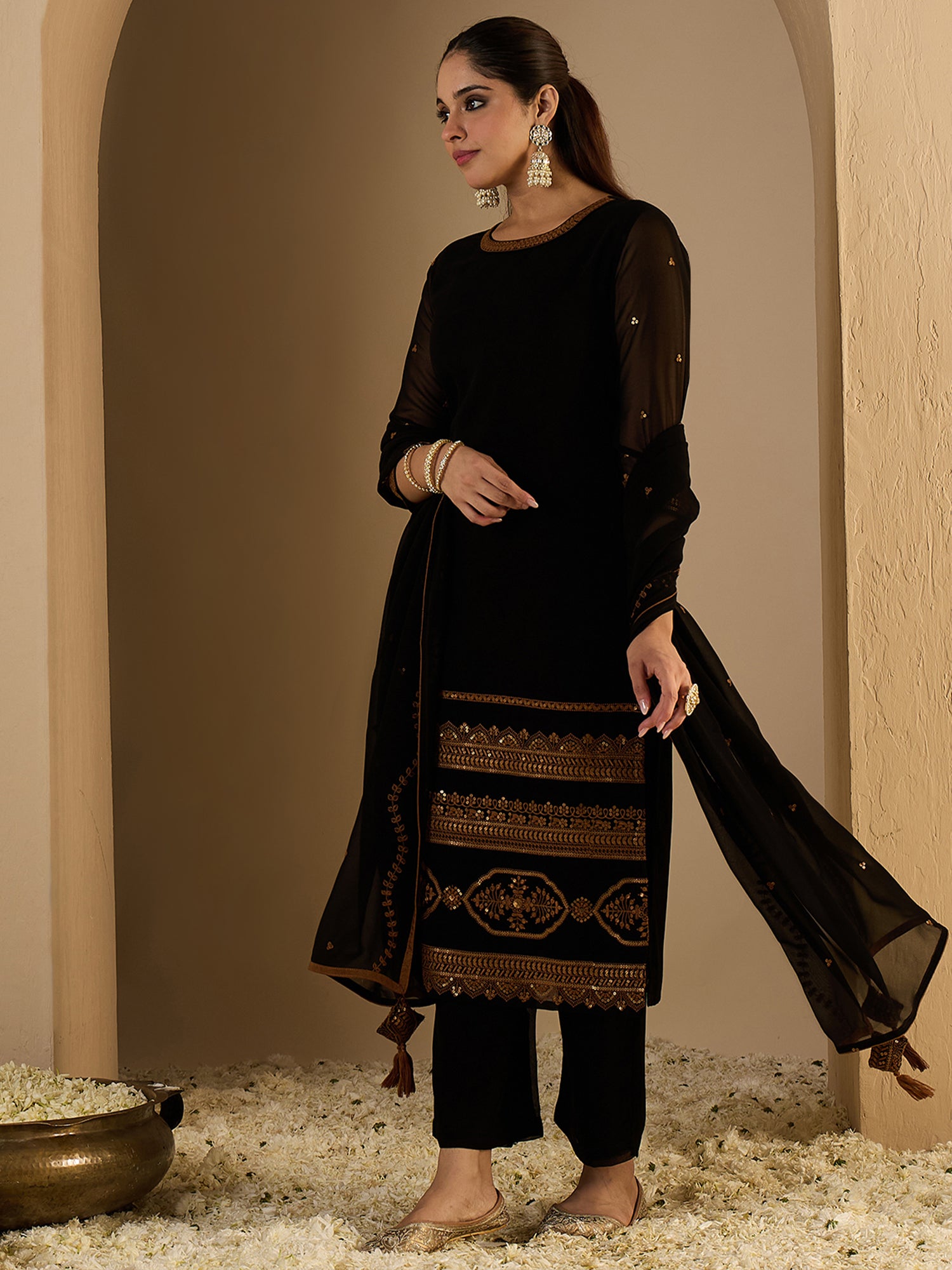 Black Embroidered Georgette Straight Round Neck Palazzo with Dupatta