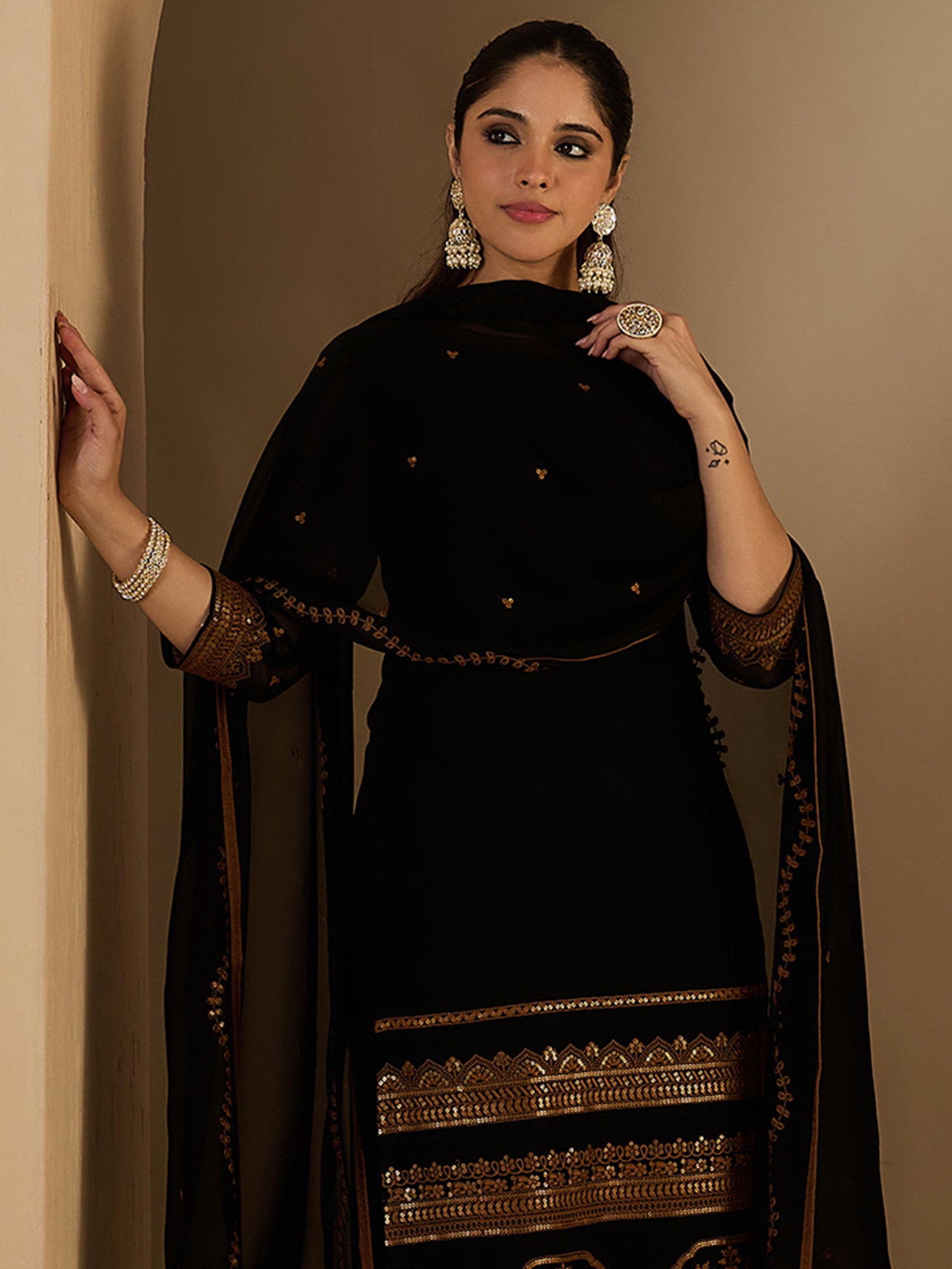 Black Embroidered Georgette Straight Round Neck Palazzo with Dupatta