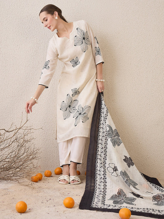 Indo era Off White Embroidered Straight Kurta Trousers With Dupatta Set