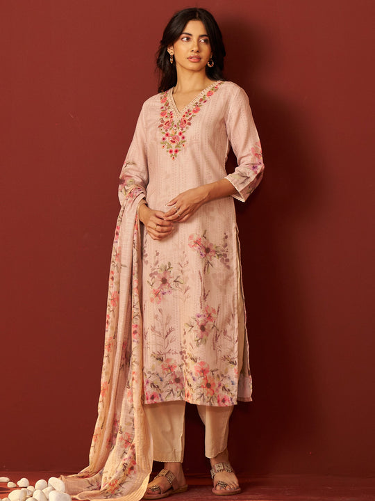 Beige Embroidered Linen Straight Women Kurta Trouser With Dupatta