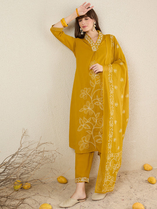Yellow Embroidered Pure Cotton A-Line Kurta Sets With Dupatta