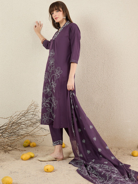 Purple Embroidered Pure Cotton A-Line Kurta Sets With Dupatta