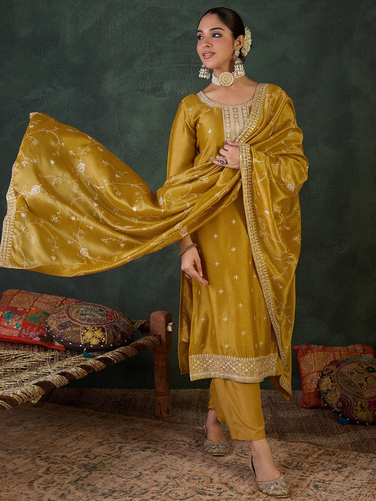 Yellow Embroidered Silk Blend Straight Suit Sets With Dupatta