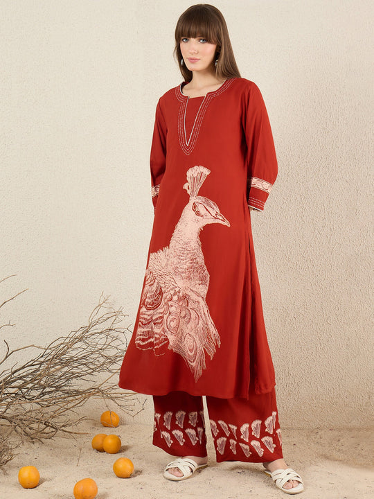 Rust Printed Viscose Rayon A-Line Kurta Palazzo Set
