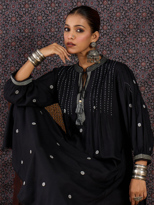 Indo era Black Embroidered A-Line Kurta Trousers Set