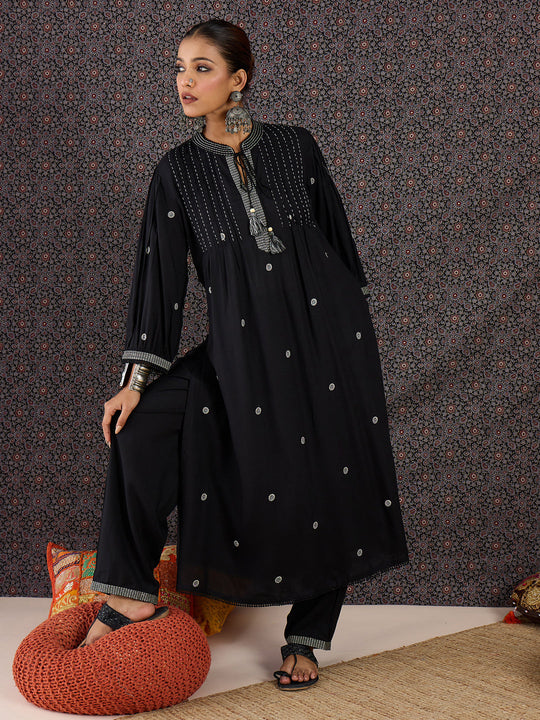 Indo era Black Embroidered A-Line Kurta Trousers Set