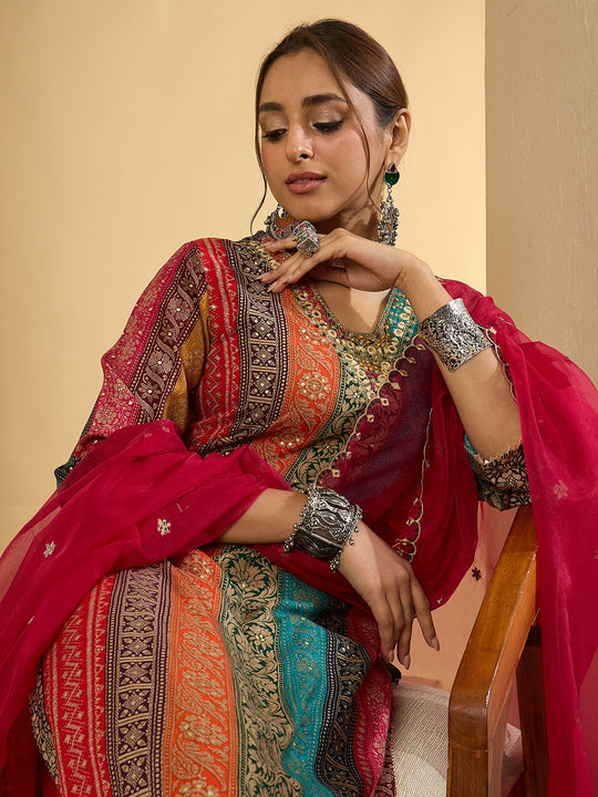 Multi Embroidered Viscose Rayon Straight Kurta Set With Dupatta