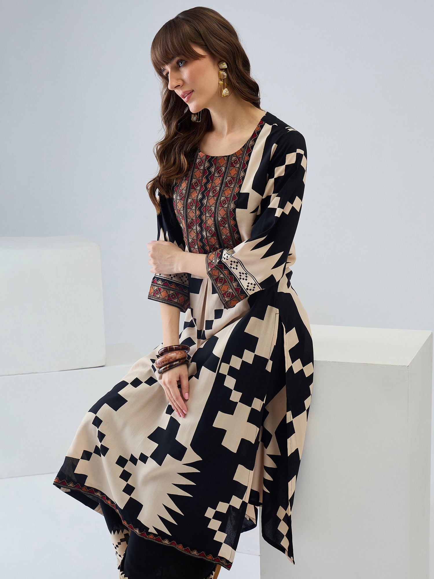 Indo era Off White Printed Straight Kurta Palazzos Set