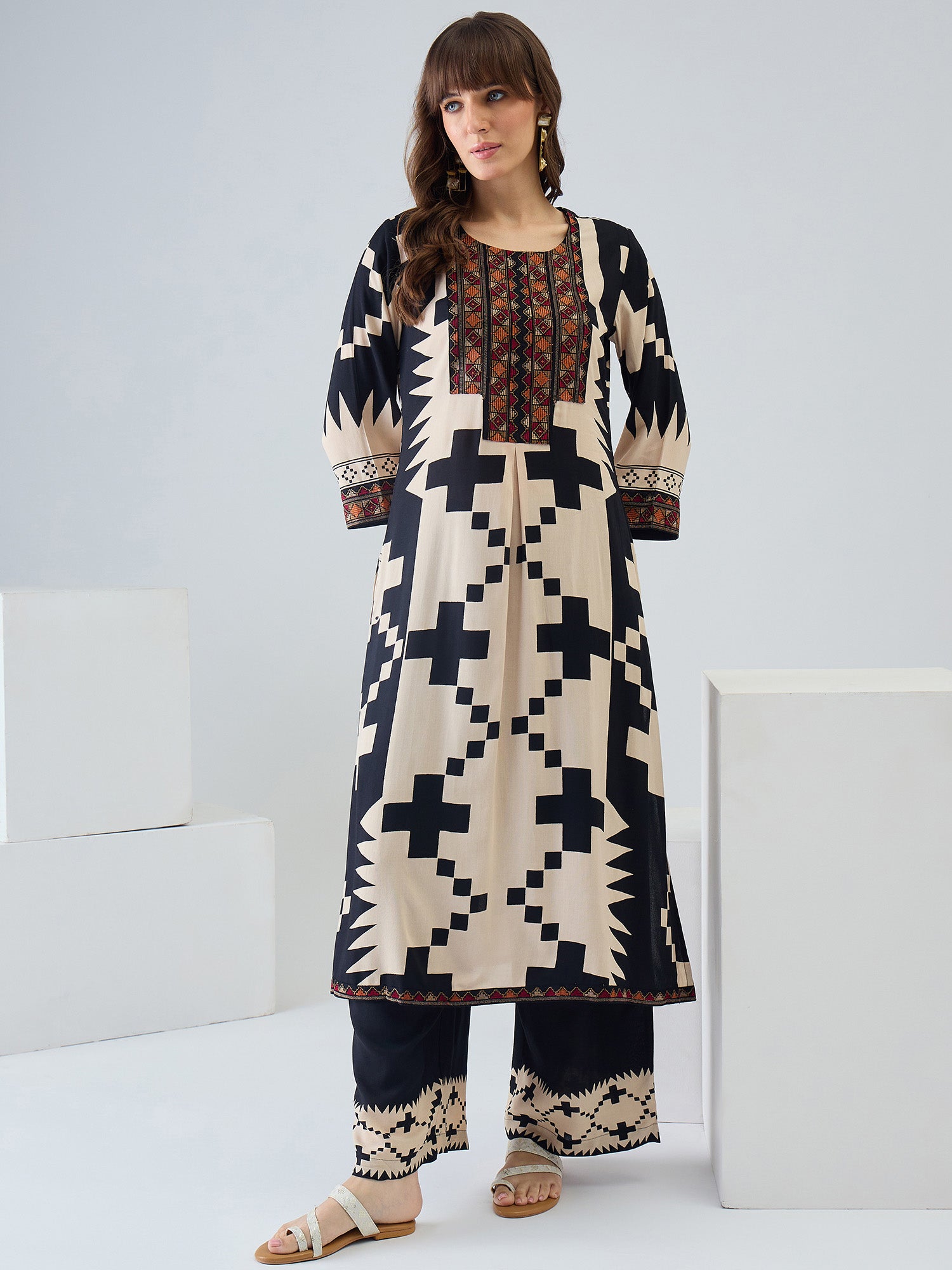 Indo era Off White Printed Straight Kurta Palazzos Set