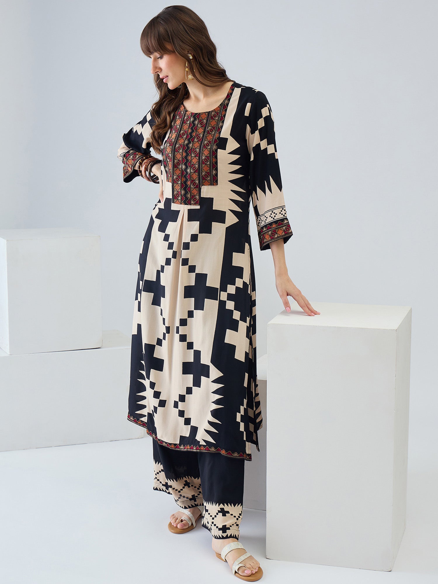 Indo era Off White Printed Straight Kurta Palazzos Set