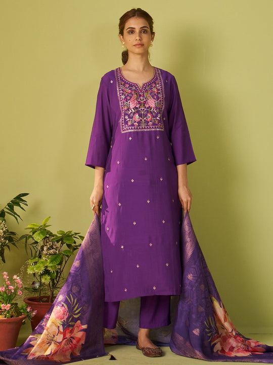 Purple Embroidered Silk Blend Straight Women Kurta Trouser With Dupatta