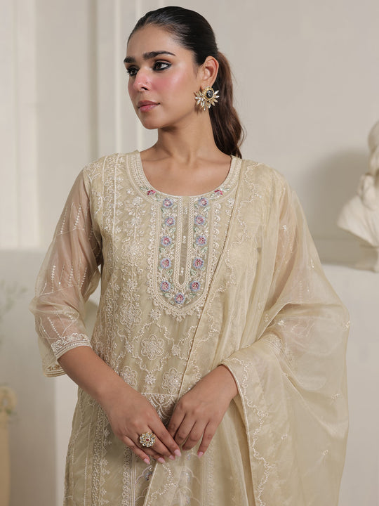 Cream Embroidered Organza Straight Suit Sets With Dupatta