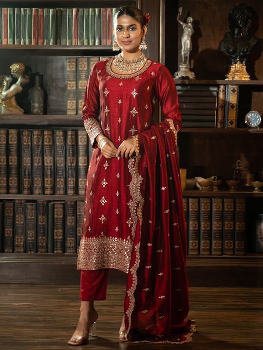Maroon Embroidered Straight Silk Blend Suit With Dupatta