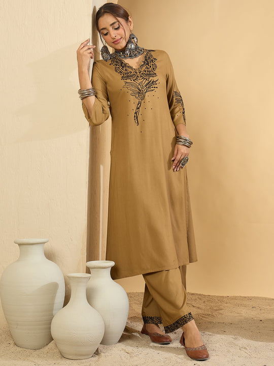 Brown Embroidered Viscose Rayon Straight Kurta With Trouser Set