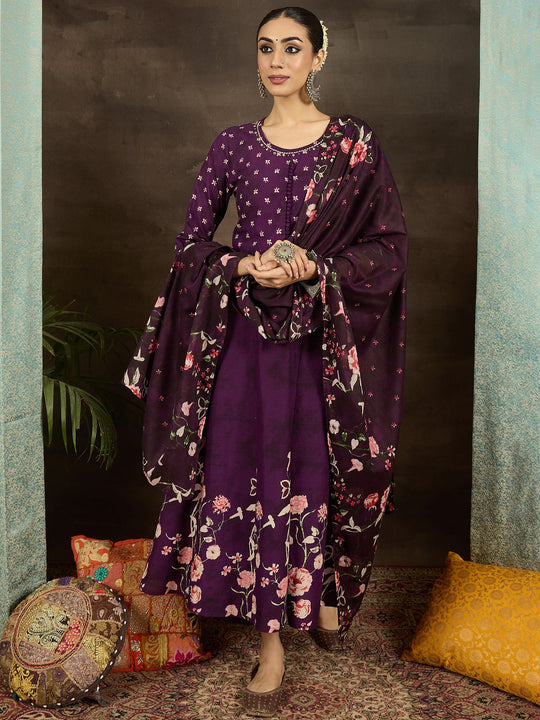 Purple Printed Pure Cotton A-Line Suit Set With Dupatta
