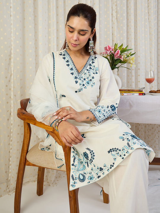 Indo Era Off White Embroidered Straight Kurta Trousers With Dupatta Set