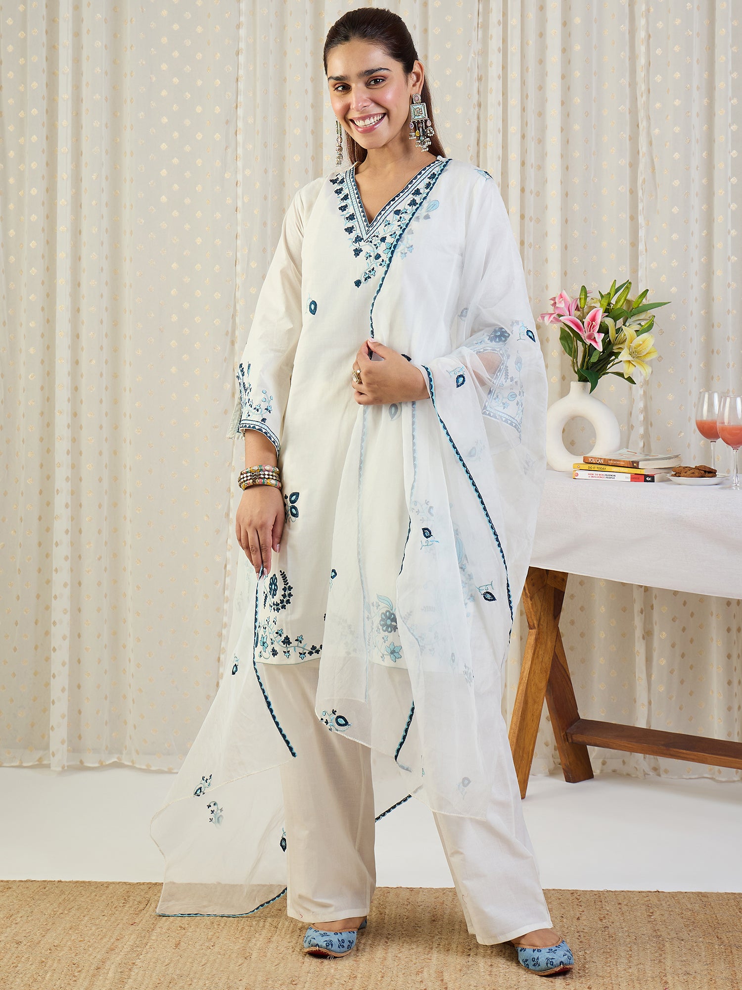 Indo Era Off White Embroidered Straight Kurta Trousers With Dupatta Set