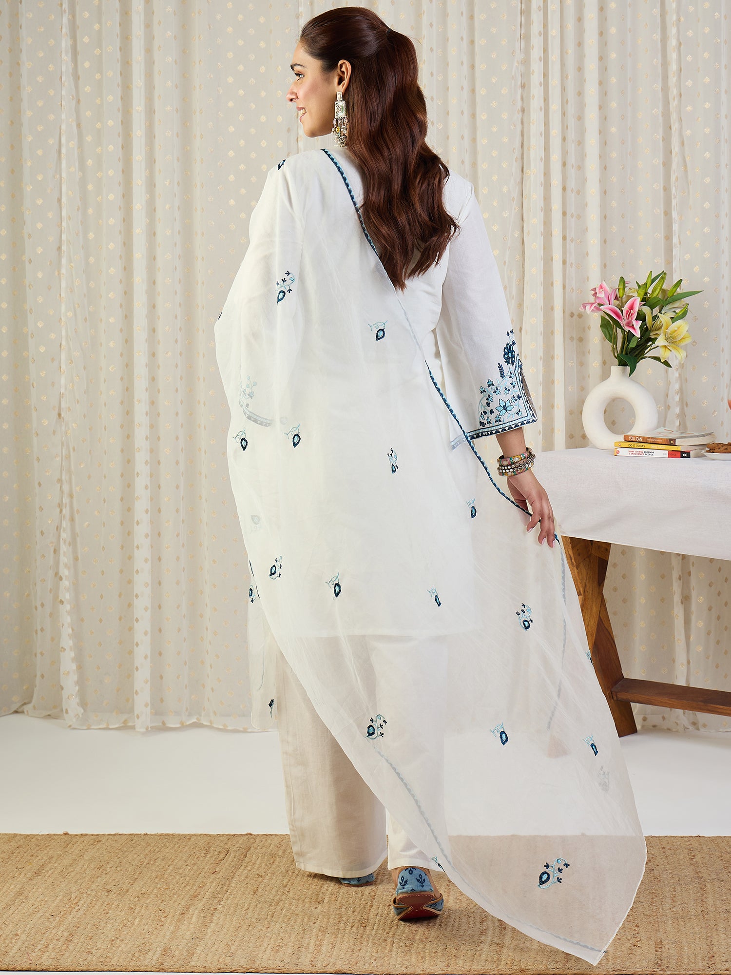Indo Era Off White Embroidered Straight Kurta Trousers With Dupatta Set