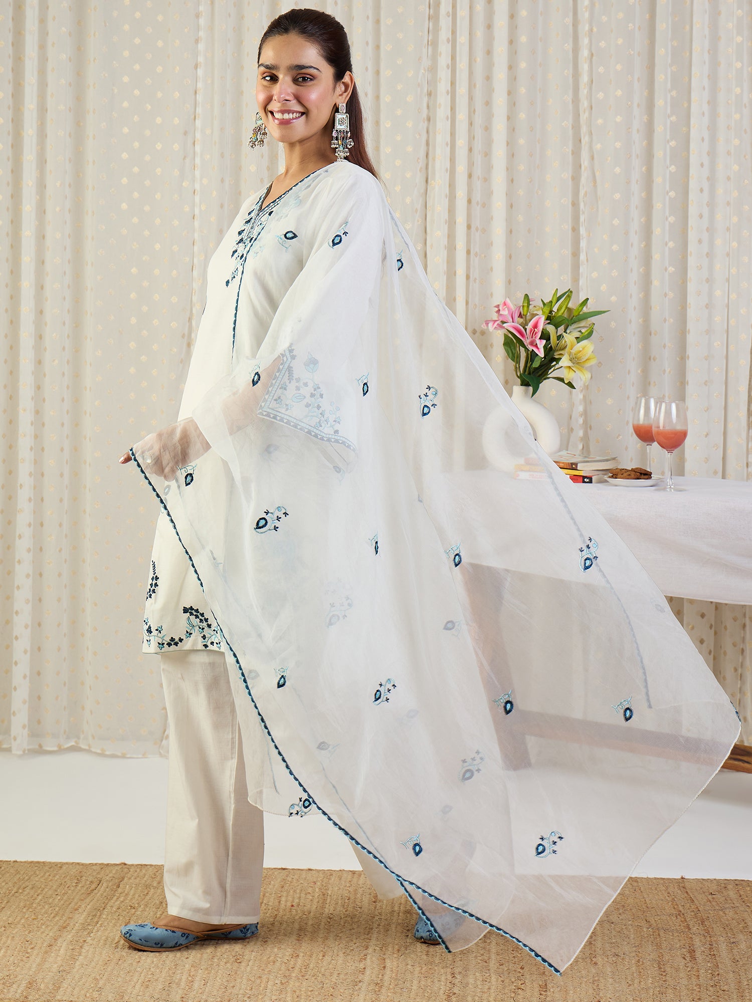 Indo Era Off White Embroidered Straight Kurta Trousers With Dupatta Set