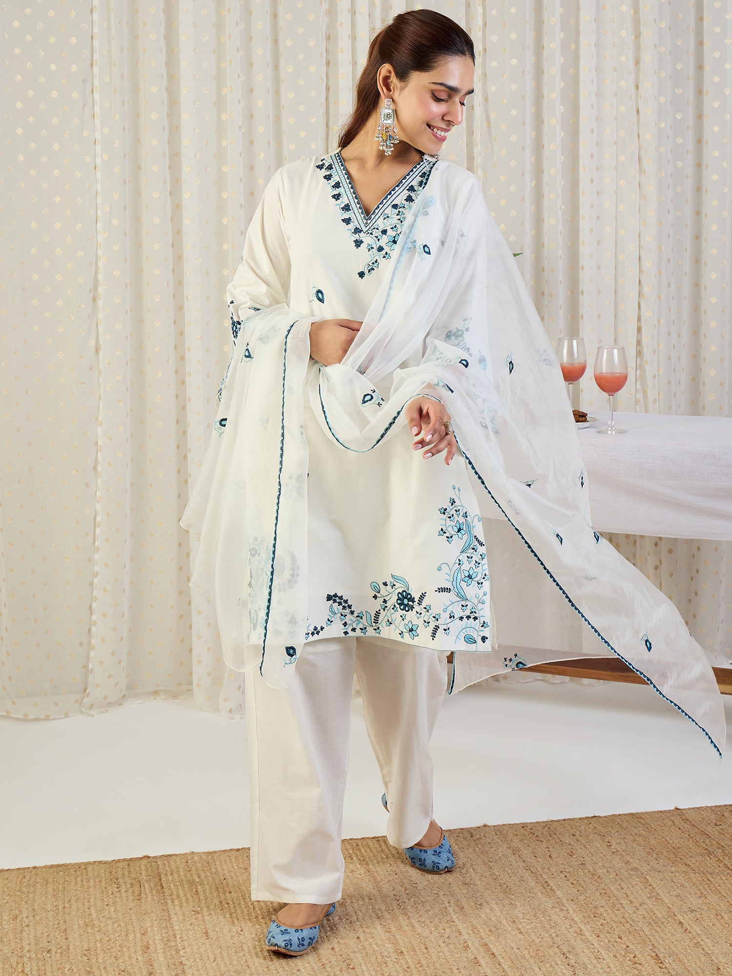 Indo Era Off White Embroidered Straight Kurta Trousers With Dupatta Set