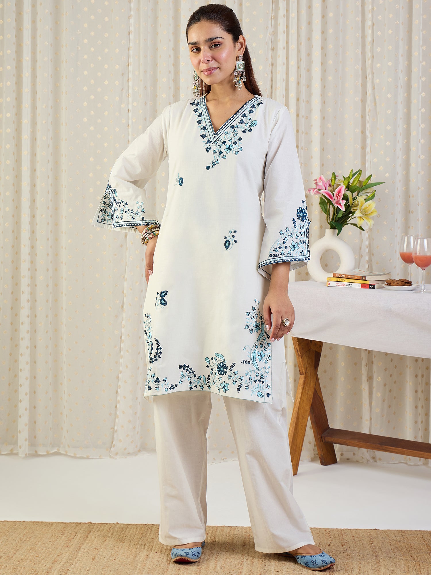 Indo Era Off White Embroidered Straight Kurta Trousers With Dupatta Set
