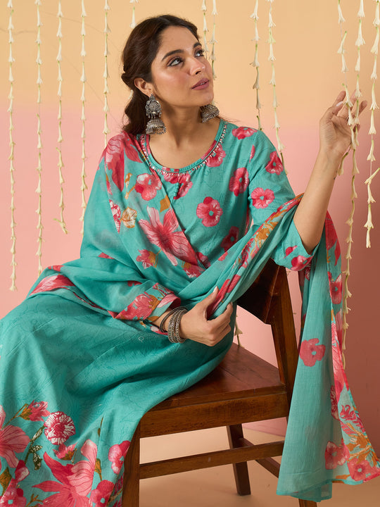 Women Sea Green Printed Pure Cotton Anarkali Kurta Sets With Dupatta