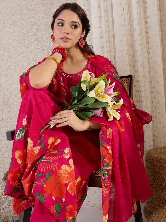 Pink Printed Pure Cotton Anarkali Suit Sets With Dupatta